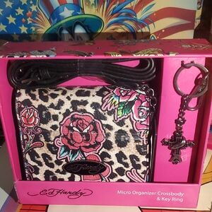 NIB Ed Hardy Floral Leopard Crossbody with Key Charm